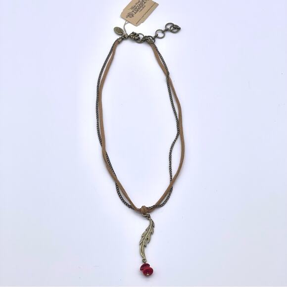 Nine West Vintage America Antiqued Gold-Tone Feather Leather Stone Necklace NWT - Picture 3 of 11